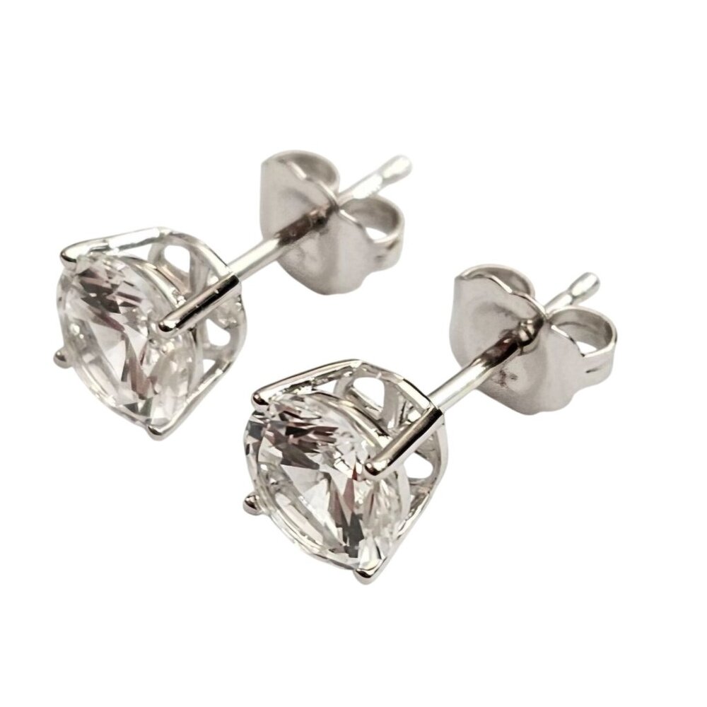 14K White Gold Round Clear Lab Sapphires Post Earrings